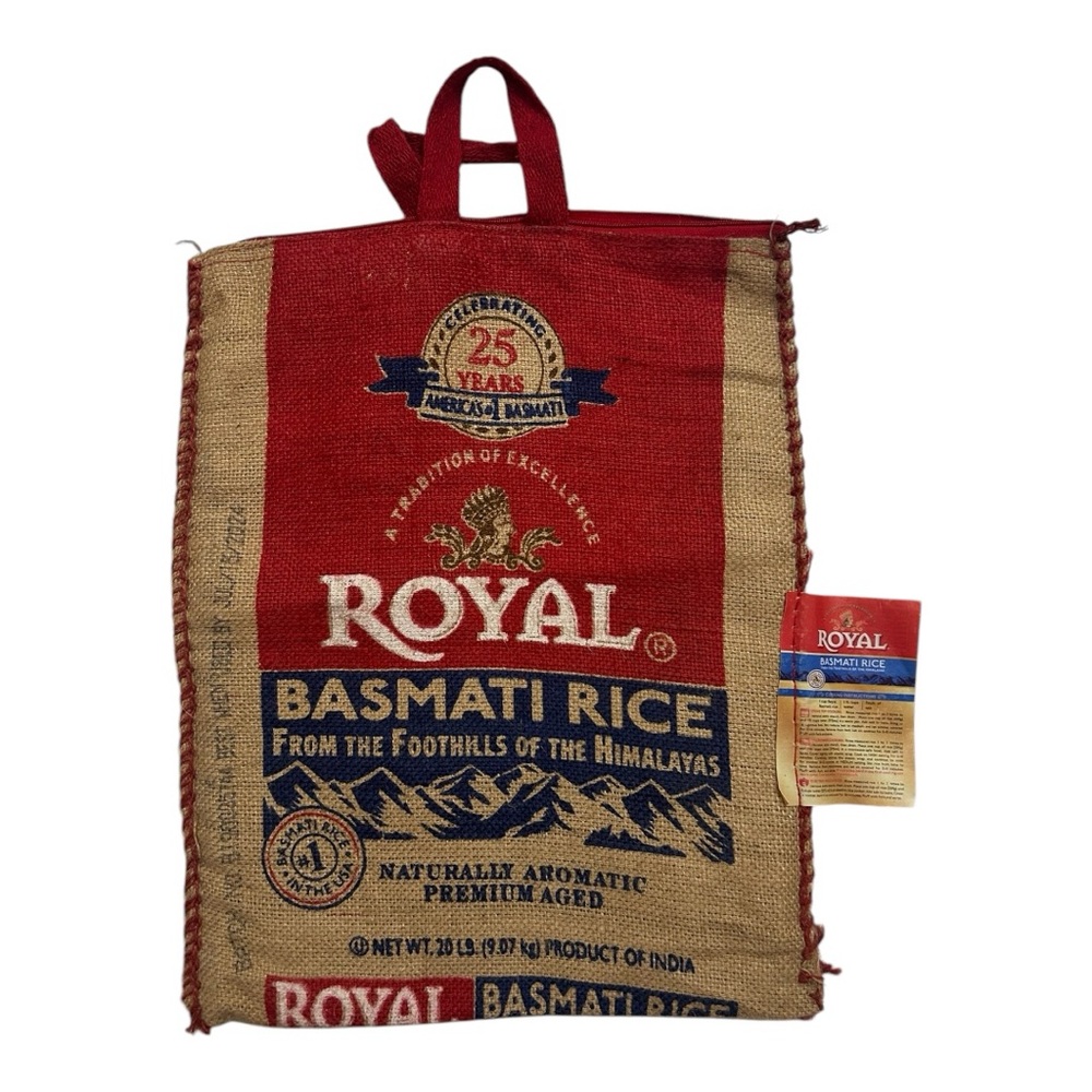 Cute carryall Burlap Royal Basmati Rice Tote Bag